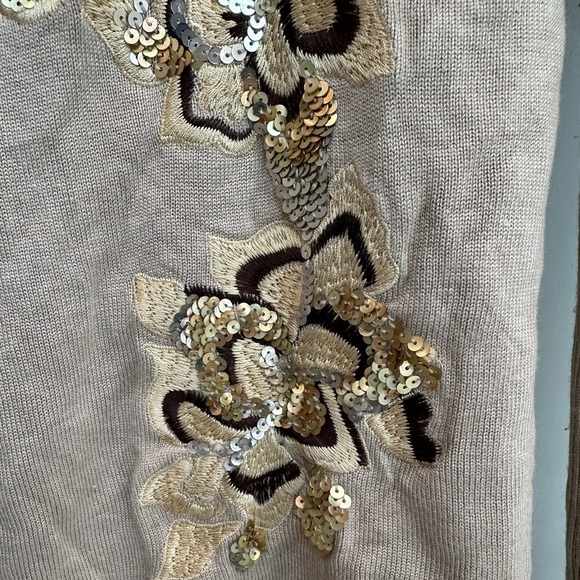 Vintage Cache Knit Silk Blend Tan Cardigan Gold Sequin Floral Embroidery Size S - Picture 8 of 13